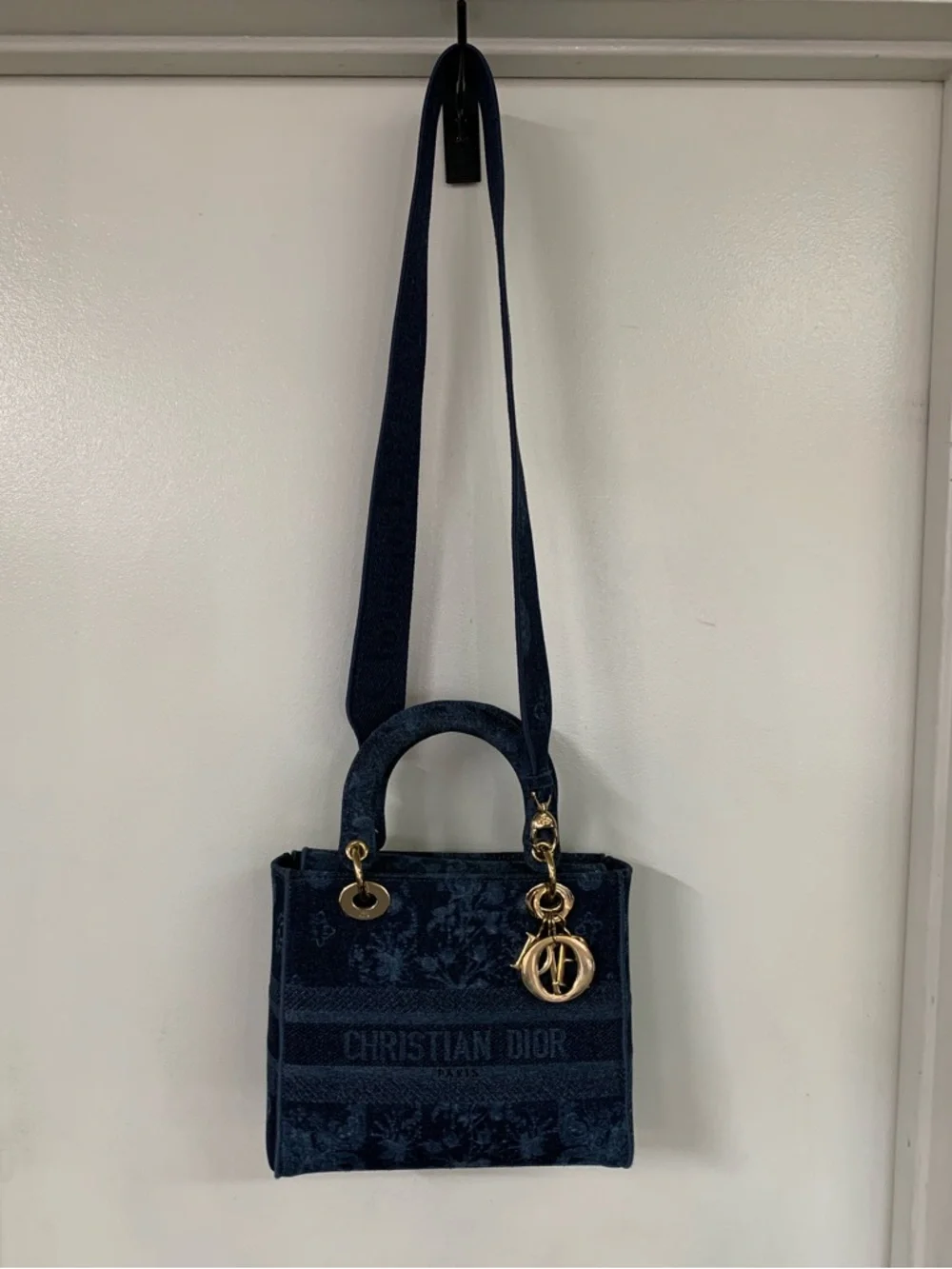 Christian Dior Lady D-Lite Floral Medium Blue Denim Bag